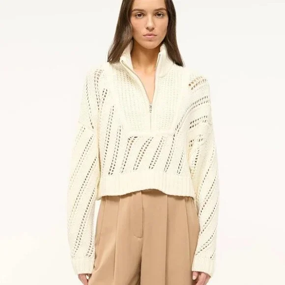Staud Ivory Hampton Half Zip Cropped Sweater NWT XL Cotton Knit - Picture 1 of 10